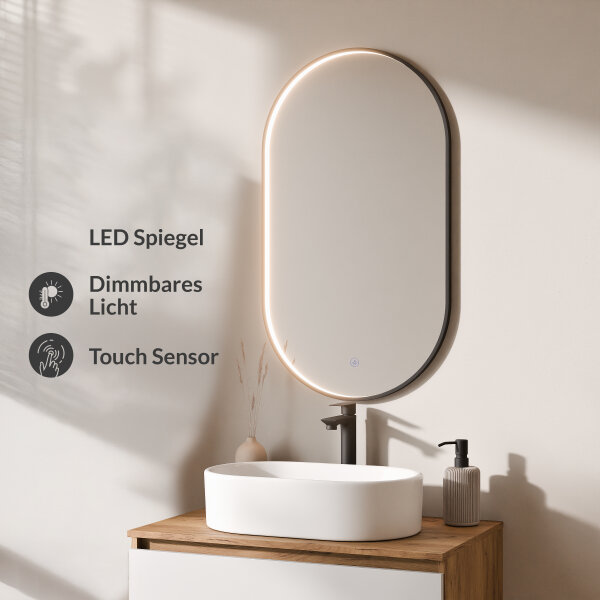 ARISA Badmöbel Set in Weiß – Mit "Glora" LED Spiegel und weißem Keramik-Aufsatzwaschbecken 55 cm