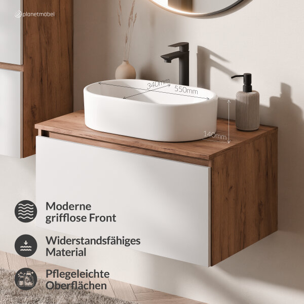 ARISA Badmöbel Set in Weiß – Mit "Glora" LED Spiegel und weißem Keramik-Aufsatzwaschbecken 55 cm