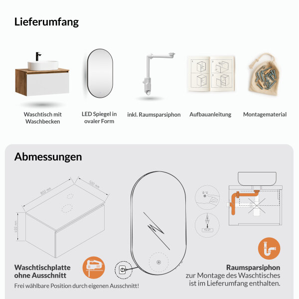 ARISA Badmöbel Set in Weiß – Mit "Glora" LED Spiegel und weißem Keramik-Aufsatzwaschbecken 55 cm