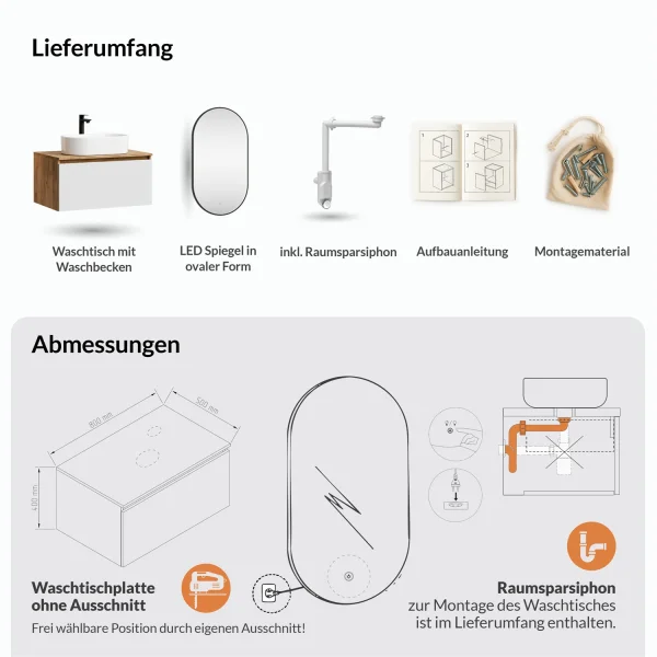 Ensemble de meubles de salle de bains ARISA en blanc – Avec miroir LED « Glora » et lavabo à poser en céramique blanche de 55 cm