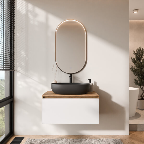 ARISA Badmöbel Set in Weiß – Mit "Glora" LED Spiegel und schwarzem Keramik-Aufsatzwaschbecken 60 cm