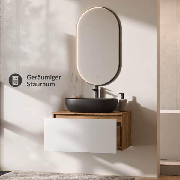 ARISA Badmöbel Set in Weiß – Mit "Glora" LED Spiegel und schwarzem Keramik-Aufsatzwaschbecken 60 cm
