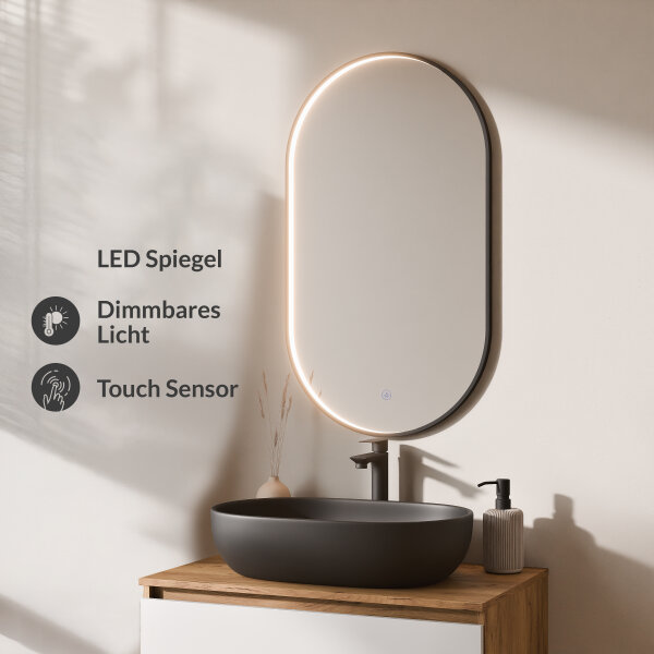 ARISA Badmöbel Set in Weiß – Mit "Glora" LED Spiegel und schwarzem Keramik-Aufsatzwaschbecken 60 cm