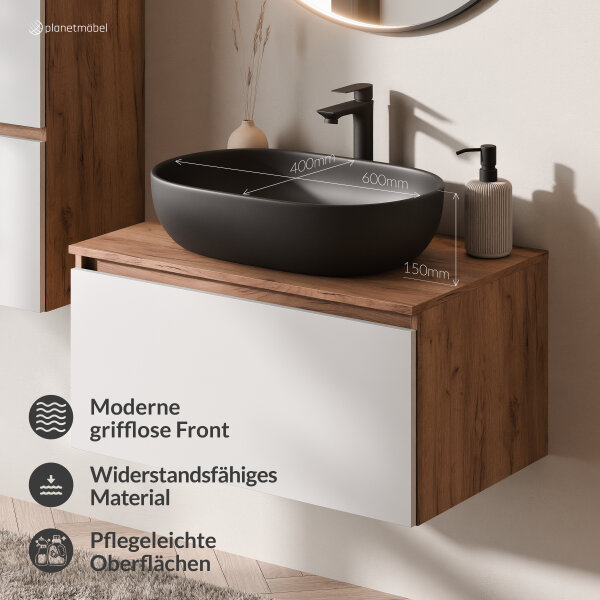 ARISA Badmöbel Set in Weiß – Mit "Glora" LED Spiegel und schwarzem Keramik-Aufsatzwaschbecken 60 cm