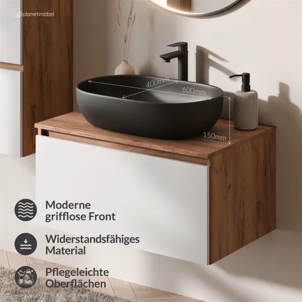 Ensemble de meubles de salle de bains ARISA en blanc – Avec miroir LED « Glora » et vasque à poser en céramique noire de 60 cm