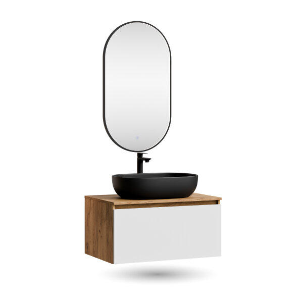 ARISA Badmöbel Set in Weiß – Mit "Glora" LED Spiegel und schwarzem Keramik-Aufsatzwaschbecken 60 cm