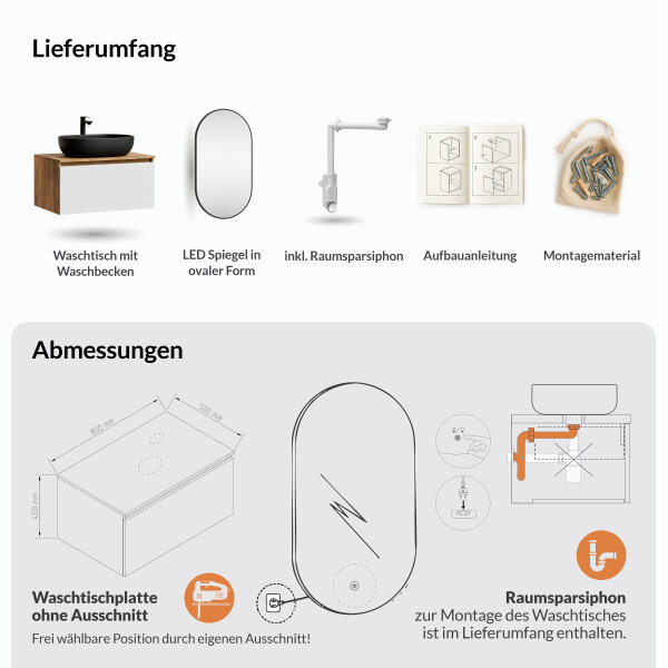 ARISA Badmöbel Set in Weiß – Mit "Glora" LED Spiegel und schwarzem Keramik-Aufsatzwaschbecken 60 cm