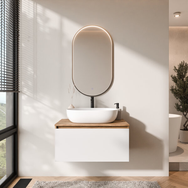 ARISA Badmöbel Set in Weiß – Mit "Glora" LED Spiegel und weißem Keramik-Aufsatzwaschbecken 60 cm