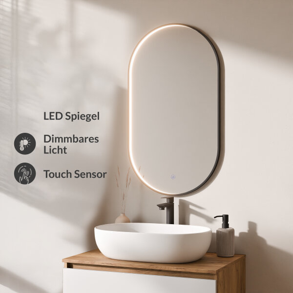 ARISA Badmöbel Set in Weiß – Mit "Glora" LED Spiegel und weißem Keramik-Aufsatzwaschbecken 60 cm