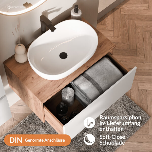 ARISA Badmöbel Set in Weiß – Mit "Glora" LED Spiegel und weißem Keramik-Aufsatzwaschbecken 60 cm