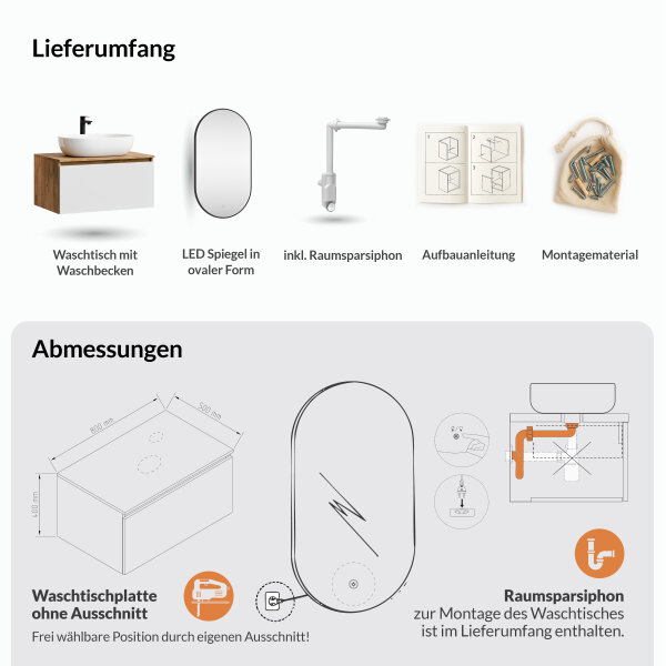 ARISA Badmöbel Set in Weiß – Mit "Glora" LED Spiegel und weißem Keramik-Aufsatzwaschbecken 60 cm