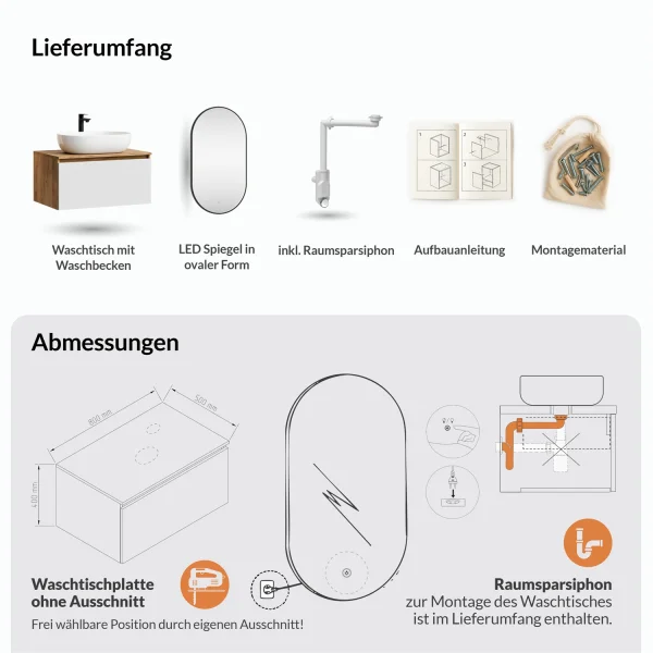ARISA Badmöbel Set in Weiß – Mit "Glora" LED Spiegel und weißem Keramik-Aufsatzwaschbecken 60 cm