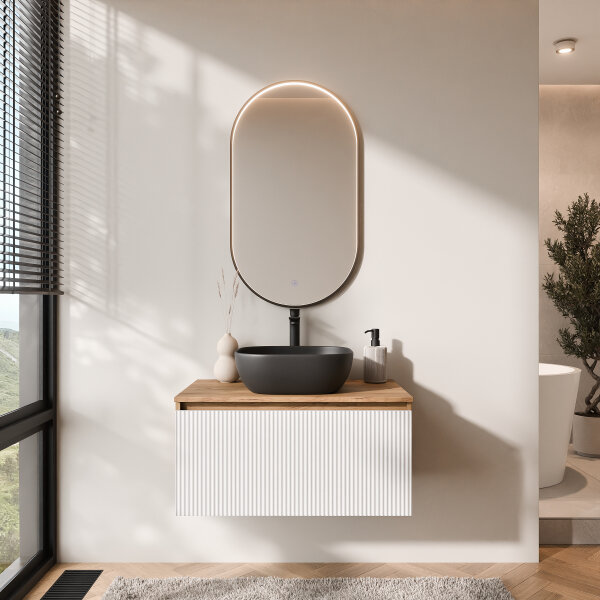 ARISA Badmöbel Set in Weiß Geriffelt – Mit "Glora" LED Spiegel und weißem Keramik-Aufsatzwaschbecken 60 cm