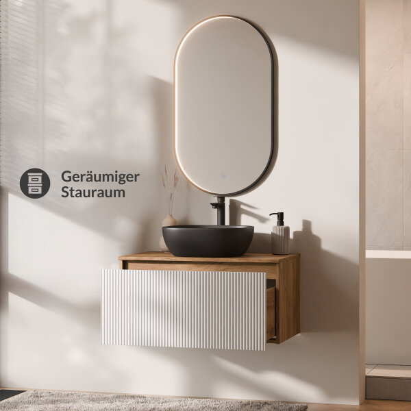 ARISA Badmöbel Set in Weiß Geriffelt – Mit "Glora" LED Spiegel und weißem Keramik-Aufsatzwaschbecken 60 cm