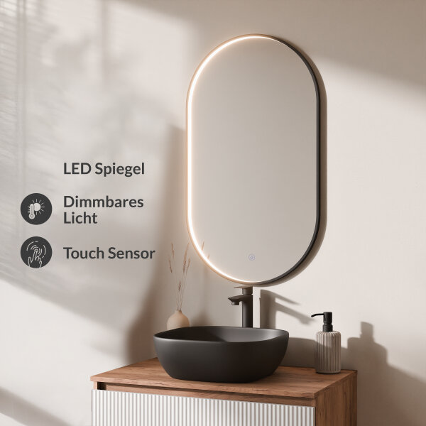 ARISA Badmöbel Set in Weiß Geriffelt – Mit "Glora" LED Spiegel und weißem Keramik-Aufsatzwaschbecken 60 cm