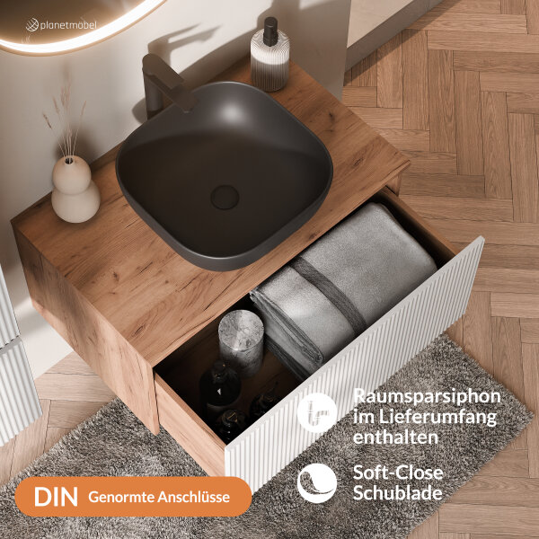 ARISA Badmöbel Set in Weiß Geriffelt – Mit "Glora" LED Spiegel und weißem Keramik-Aufsatzwaschbecken 60 cm