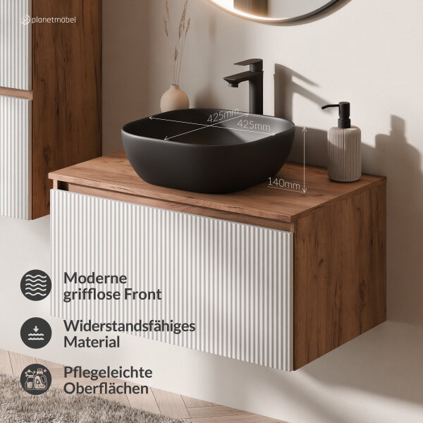 ARISA Badmöbel Set in Weiß Geriffelt – Mit "Glora" LED Spiegel und weißem Keramik-Aufsatzwaschbecken 60 cm