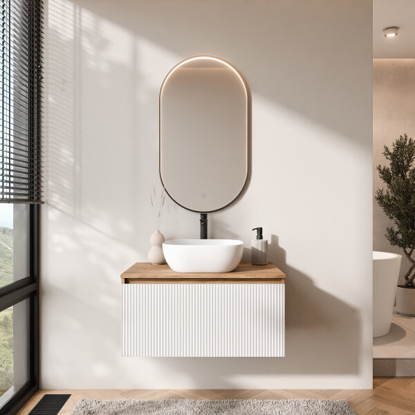 ARISA Badmöbel Set in Weiß Geriffelt – Mit "Glora" LED Spiegel und weißem Keramik-Aufsatzwaschbecken 42 cm