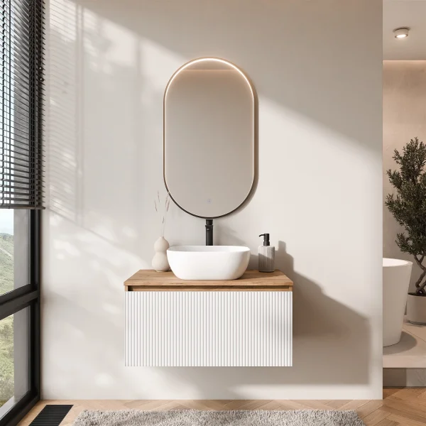 ARISA Bathroom Furniture Set in White Ribbed – With "Glora" LED Mirror and White Ceramic Countertop Sink (42 cm)