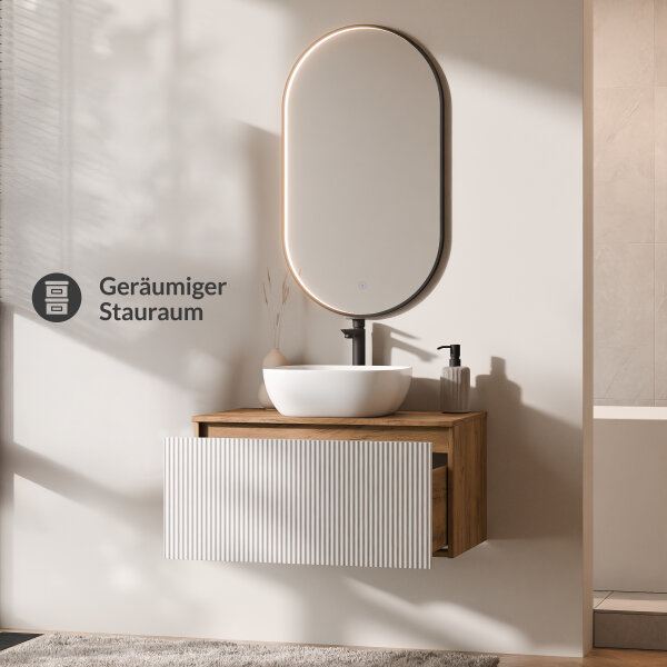 ARISA Badmöbel Set in Weiß Geriffelt – Mit "Glora" LED Spiegel und weißem Keramik-Aufsatzwaschbecken 42 cm