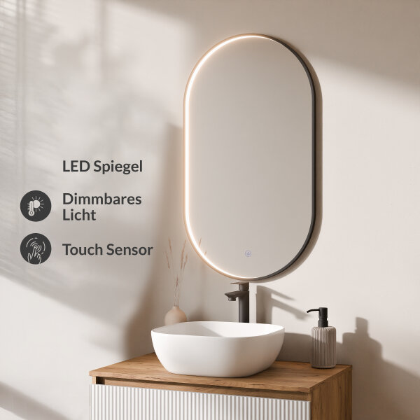 ARISA Badmöbel Set in Weiß Geriffelt – Mit "Glora" LED Spiegel und weißem Keramik-Aufsatzwaschbecken 42 cm