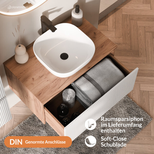 ARISA Badmöbel Set in Weiß Geriffelt – Mit "Glora" LED Spiegel und weißem Keramik-Aufsatzwaschbecken 42 cm