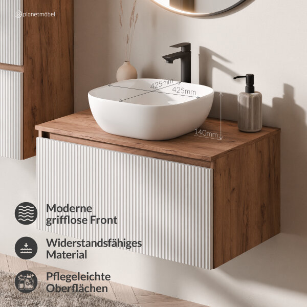 ARISA Badmöbel Set in Weiß Geriffelt – Mit "Glora" LED Spiegel und weißem Keramik-Aufsatzwaschbecken 42 cm