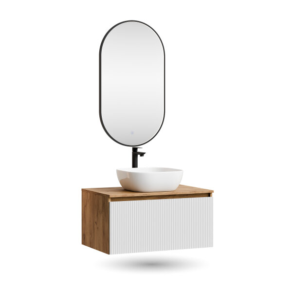 ARISA Badmöbel Set in Weiß Geriffelt – Mit "Glora" LED Spiegel und weißem Keramik-Aufsatzwaschbecken 42 cm