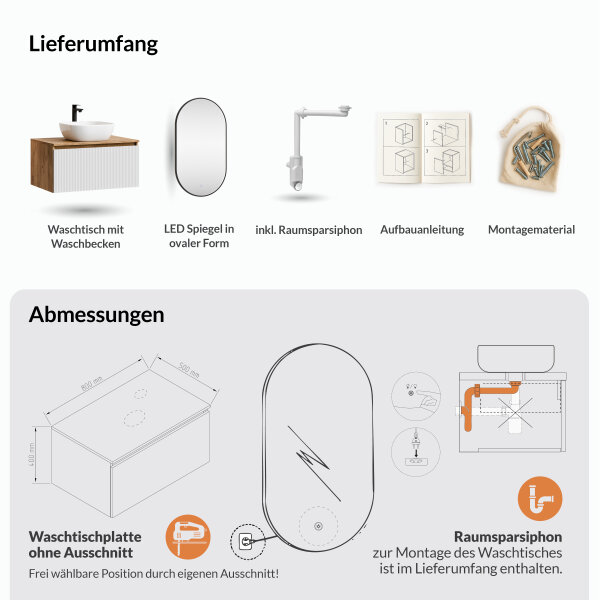 ARISA Badmöbel Set in Weiß Geriffelt – Mit "Glora" LED Spiegel und weißem Keramik-Aufsatzwaschbecken 42 cm