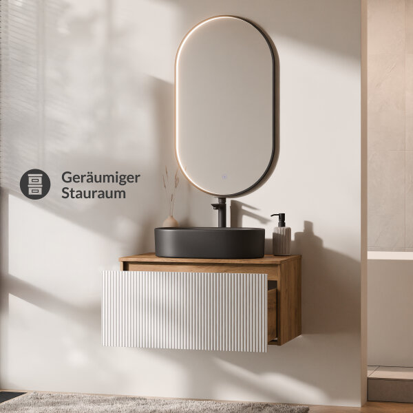 ARISA Badmöbel Set in Weiß Geriffelt – Mit "Glora" LED Spiegel und schwarzem Keramik-Aufsatzwaschbecken 55 cm