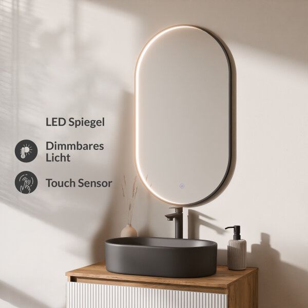 ARISA Badmöbel Set in Weiß Geriffelt – Mit "Glora" LED Spiegel und schwarzem Keramik-Aufsatzwaschbecken 55 cm