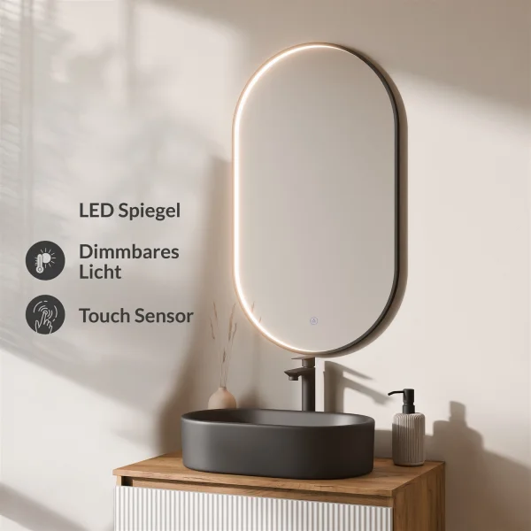 ARISA Bathroom Furniture Set in White Ribbed – With "Glora" LED Mirror and Black Ceramic Countertop Sink (55 cm)