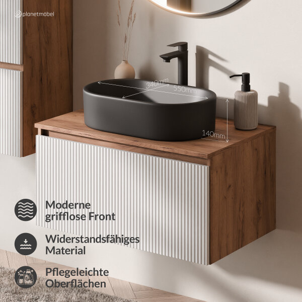 ARISA Badmöbel Set in Weiß Geriffelt – Mit "Glora" LED Spiegel und schwarzem Keramik-Aufsatzwaschbecken 55 cm