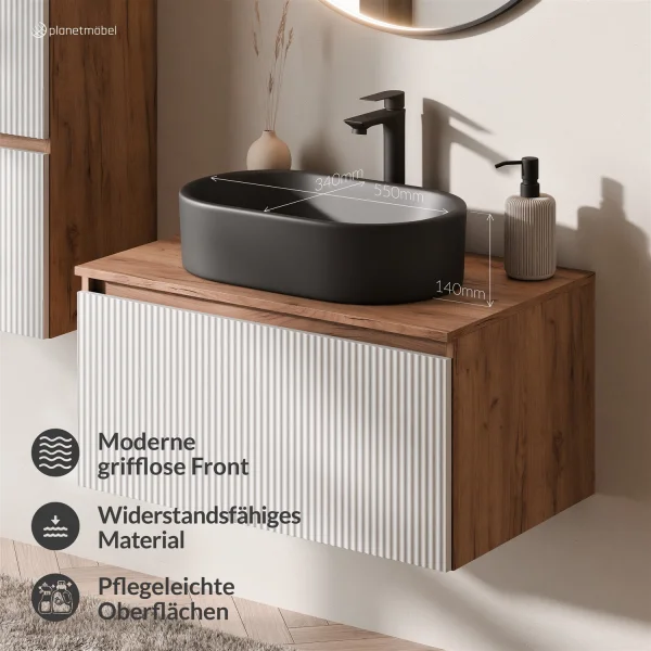 ARISA Bathroom Furniture Set in White Ribbed – With "Glora" LED Mirror and Black Ceramic Countertop Sink (55 cm)