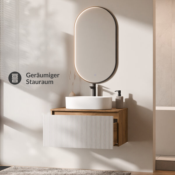 ARISA Badmöbel Set in Weiß Geriffelt – Mit "Glora" LED Spiegel und weißem Keramik-Aufsatzwaschbecken 55 cm