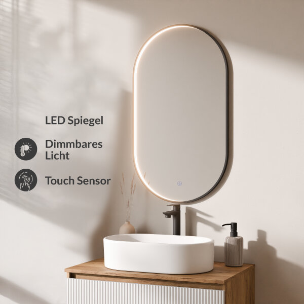 ARISA Badmöbel Set in Weiß Geriffelt – Mit "Glora" LED Spiegel und weißem Keramik-Aufsatzwaschbecken 55 cm