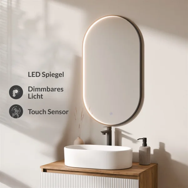 ARISA Bathroom Furniture Set in White Ribbed – With "Glora" LED Mirror and White Ceramic Countertop Sink (55 cm)