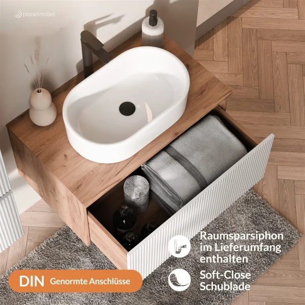 ARISA Bathroom Furniture Set in White Ribbed – With "Glora" LED Mirror and White Ceramic Countertop Sink (55 cm)