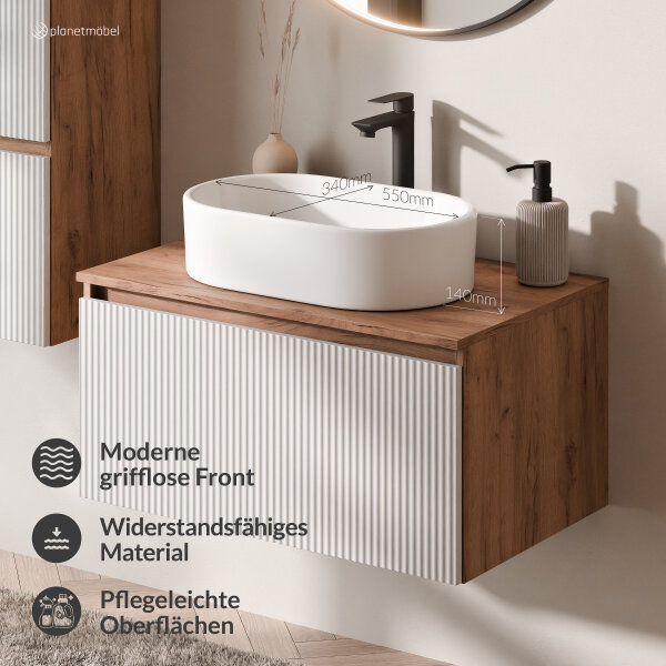 ARISA Badmöbel Set in Weiß Geriffelt – Mit "Glora" LED Spiegel und weißem Keramik-Aufsatzwaschbecken 55 cm