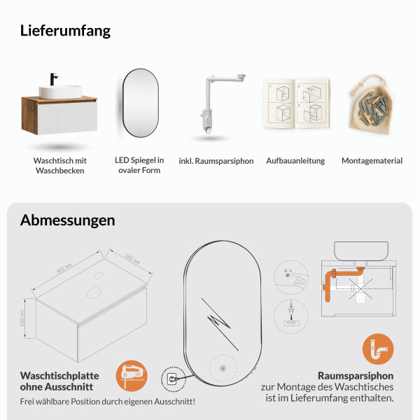 ARISA Badmöbel Set in Weiß Geriffelt – Mit "Glora" LED Spiegel und weißem Keramik-Aufsatzwaschbecken 55 cm