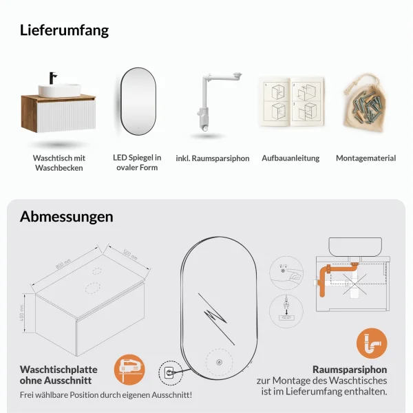 ARISA Bathroom Furniture Set in White Ribbed – With "Glora" LED Mirror and White Ceramic Countertop Sink (55 cm)