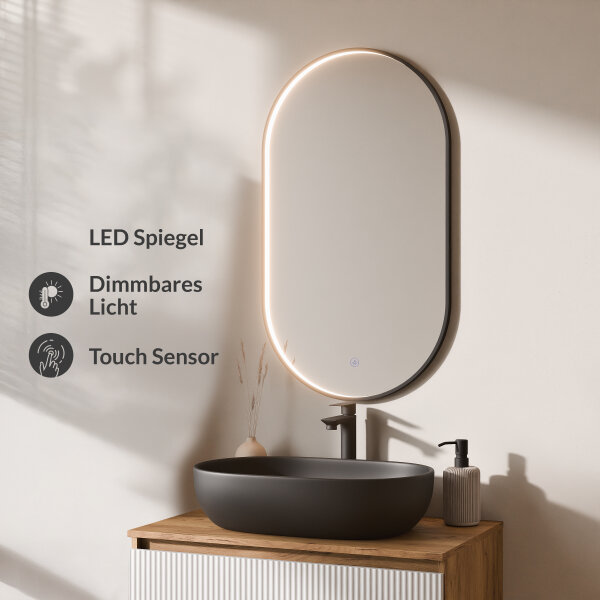 ARISA Badmöbel Set in Weiß Geriffelt – Mit "Glora" LED Spiegel und schwarzem Keramik-Aufsatzwaschbecken 60 cm