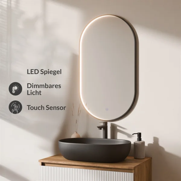 ARISA Bathroom Furniture Set in White Ribbed – With "Glora" LED Mirror and Black Ceramic Countertop Sink (60 cm)