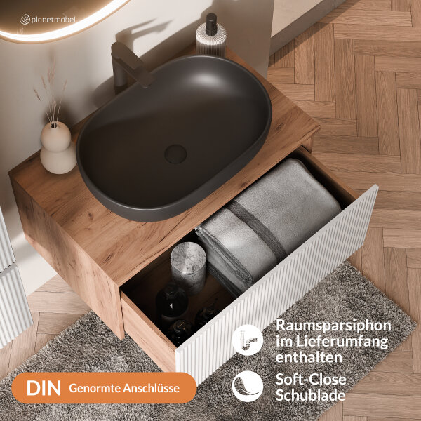 ARISA Badmöbel Set in Weiß Geriffelt – Mit "Glora" LED Spiegel und schwarzem Keramik-Aufsatzwaschbecken 60 cm