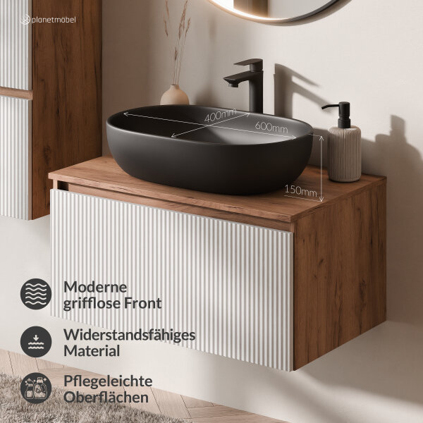 ARISA Badmöbel Set in Weiß Geriffelt – Mit "Glora" LED Spiegel und schwarzem Keramik-Aufsatzwaschbecken 60 cm