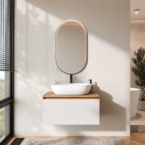 ARISA Badmöbel Set in Weiß Geriffelt – Mit "Glora" LED Spiegel und weißem Keramik-Aufsatzwaschbecken 60 cm