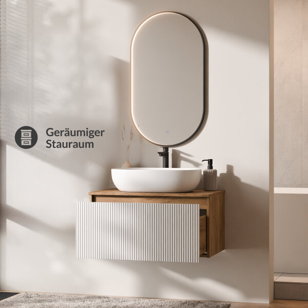 ARISA Badmöbel Set in Weiß Geriffelt – Mit "Glora" LED Spiegel und weißem Keramik-Aufsatzwaschbecken 60 cm