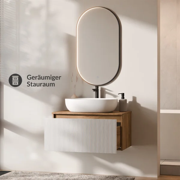 ARISA Bathroom Furniture Set in White Ribbed – With "Glora" LED Mirror and White Ceramic Countertop Sink (60 cm)