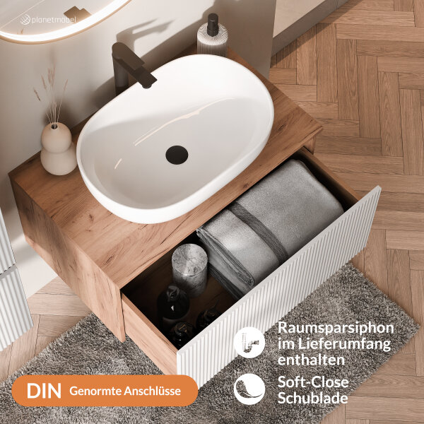 ARISA Badmöbel Set in Weiß Geriffelt – Mit "Glora" LED Spiegel und weißem Keramik-Aufsatzwaschbecken 60 cm