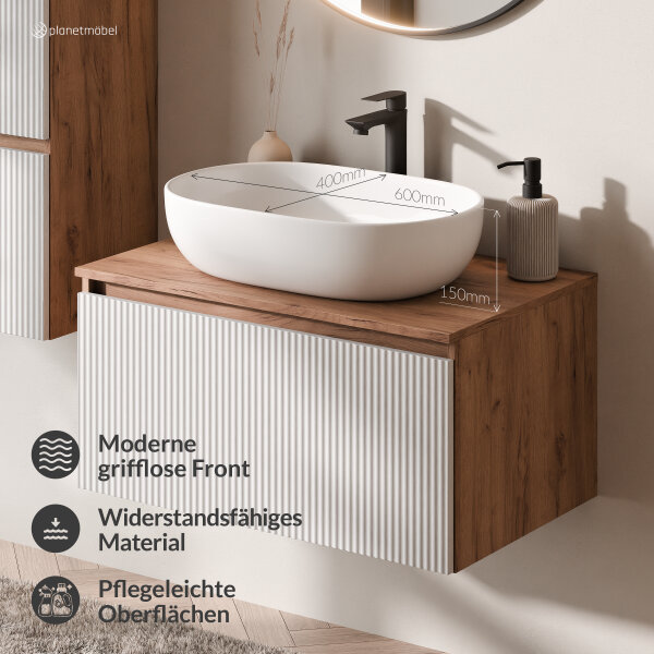 ARISA Badmöbel Set in Weiß Geriffelt – Mit "Glora" LED Spiegel und weißem Keramik-Aufsatzwaschbecken 60 cm